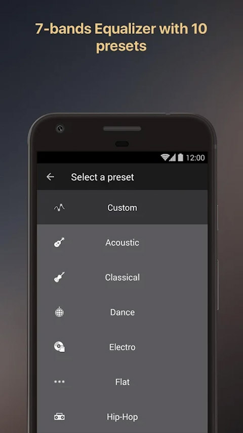 预设选择列表:Custom、Acoustic、Classical、Dance、Electro、Flat、Hip-Hop 等